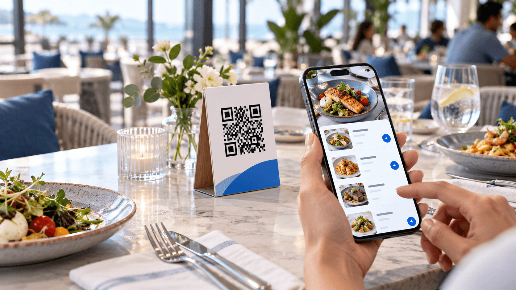 Restaurant table with a QR stand and a phone showing a digital menu